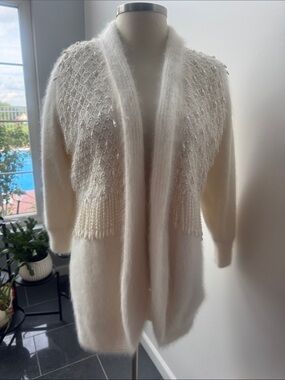 Vintage Open-Front Cream Fringe Angora Cardigan